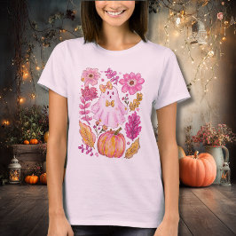 Camiseta Pastel Pink Halloween Ghost with Flowers and Pumpk