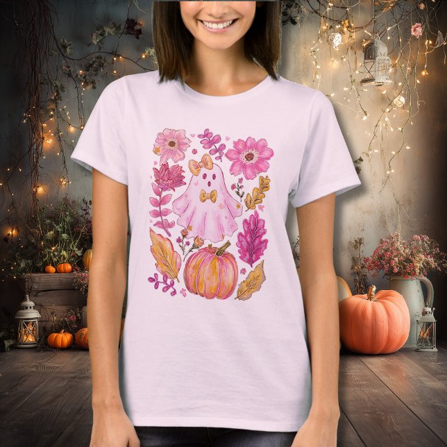 Camiseta Pastel Pink Halloween Ghost with Flowers and Pumpk (Subido por el creador)