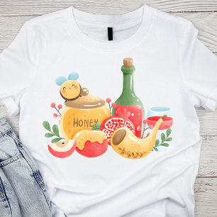 Camiseta Pastel Watercolor Rosh Hashanah Símbolos