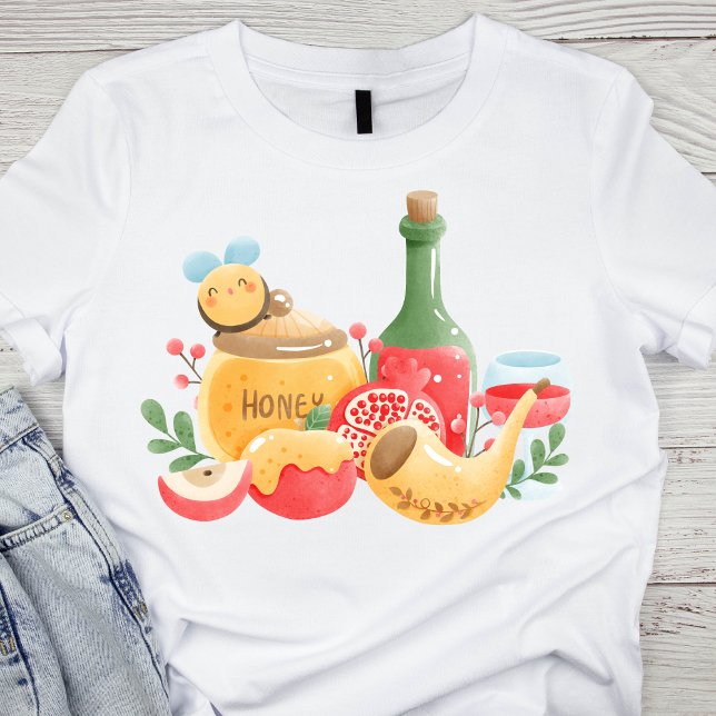 Camiseta Pastel Watercolor Rosh Hashanah Símbolos (Subido por el creador)