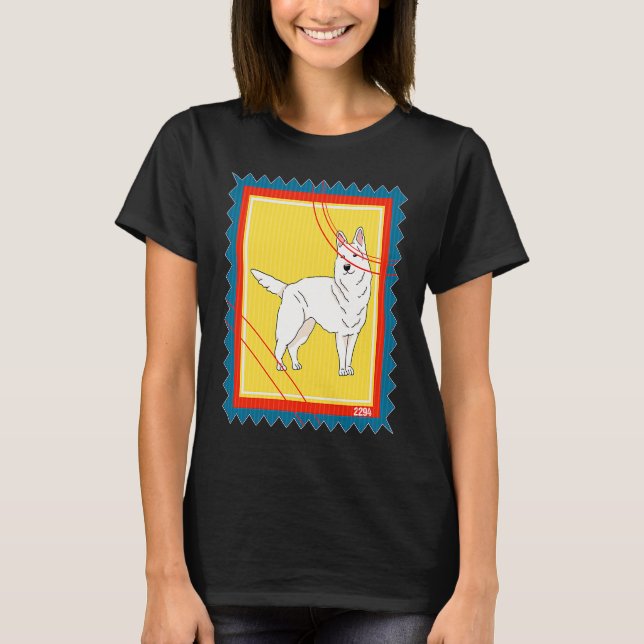 Camiseta Pastor Alemán Blanco Sello Postal (Anverso)