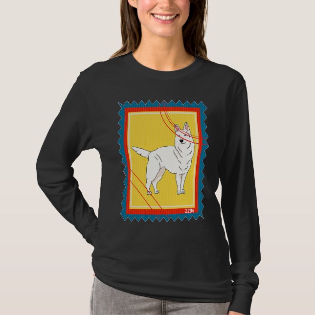Camiseta Pastor Alemán Blanco Sello Postal (Anverso)