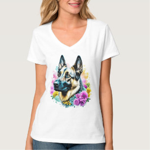 Camiseta Pastor Alemán en flores rosadas y amarillas