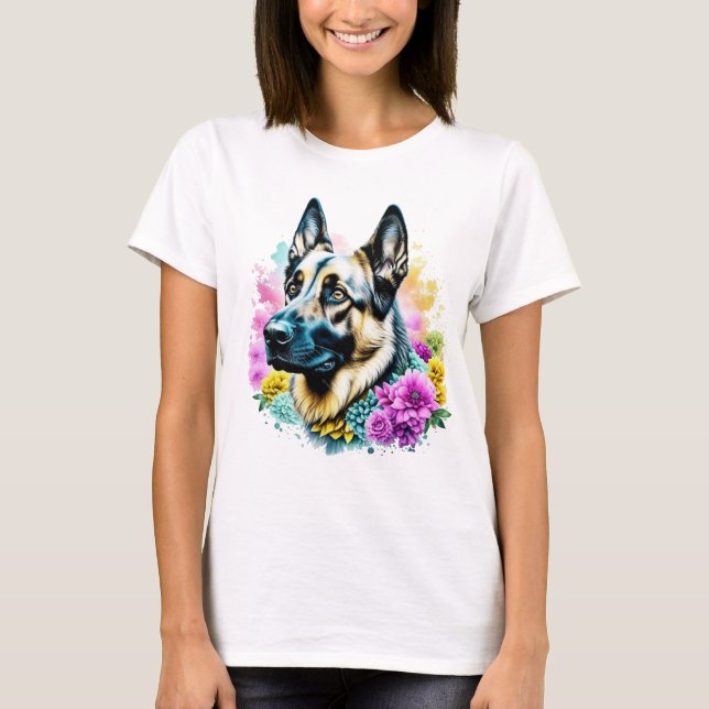 Camiseta Pastor alemán en flores rosadas y amarillas (Anverso)