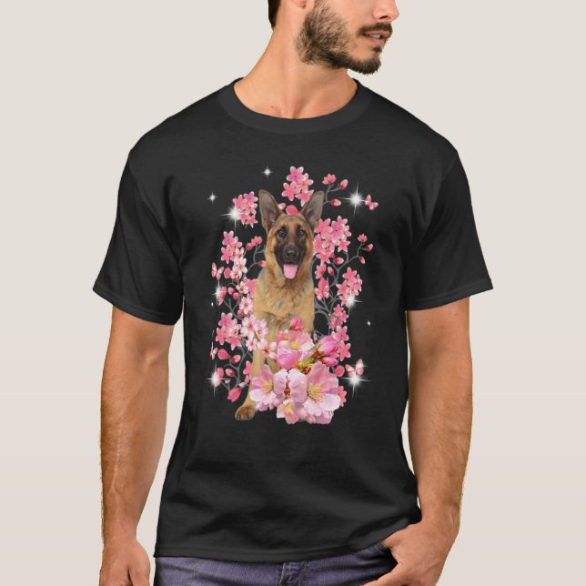 Camiseta Pastor Alemán Flores de Cerezo Japonés (Anverso)