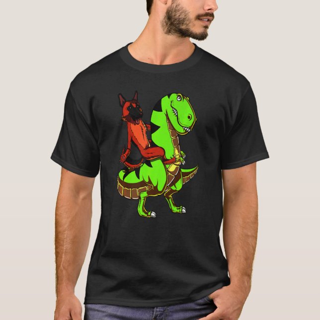 Camiseta Pastor alemán montando niños de rex dinosaurios (Anverso)