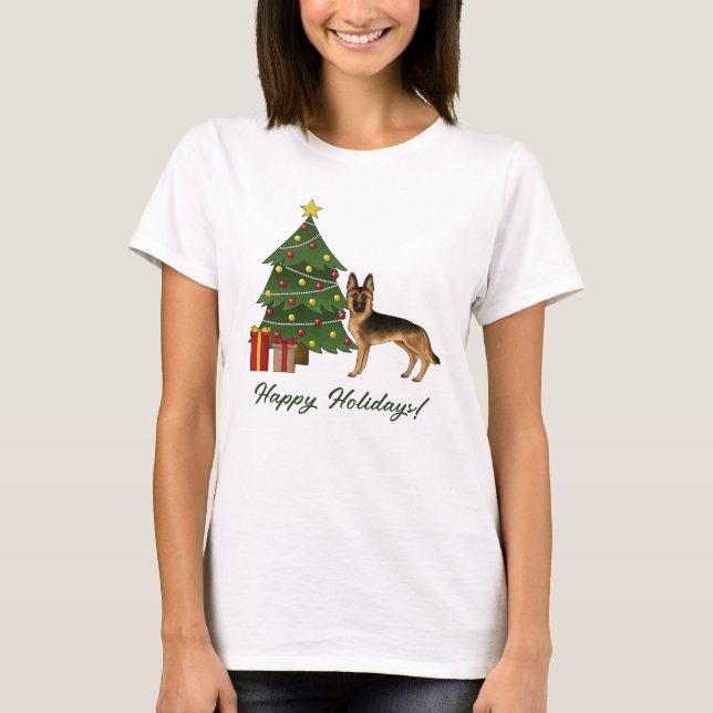 Camiseta Pastor Alemán Negro Y Tan Y Árbol De Navidad (Anverso)