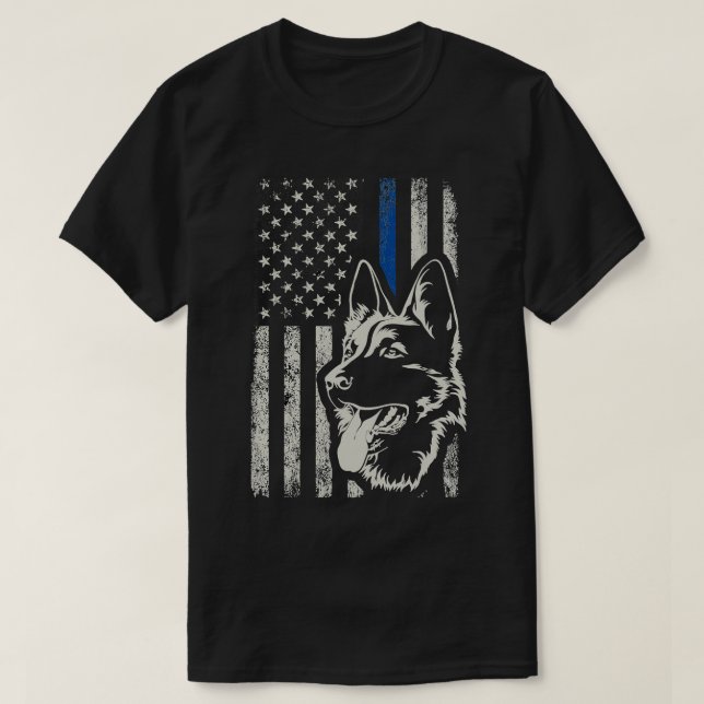 Camiseta Pastor Alemán Patriótico Unidad K9 Línea Azul delg (Diseño del anverso)