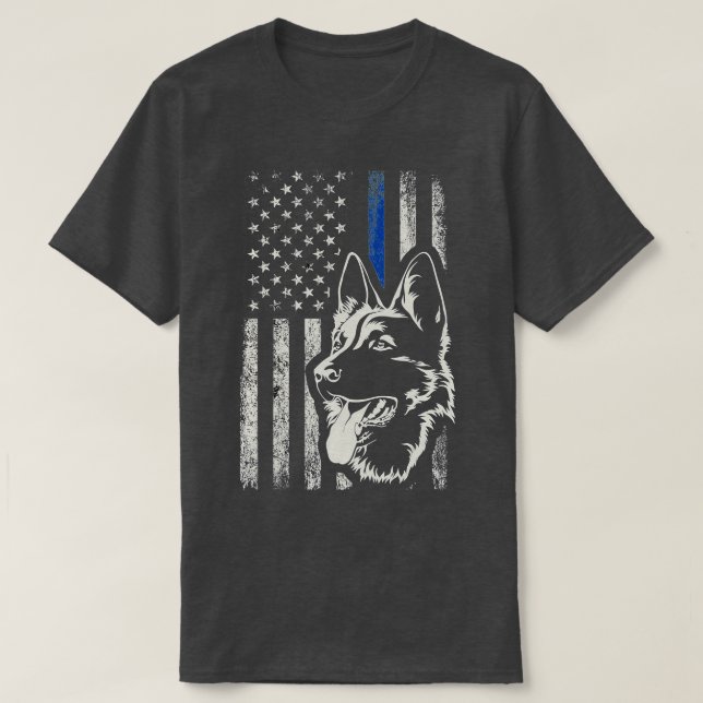 Camiseta Pastor Alemán Patriótico Unidad K9 Línea Azul delg (Diseño del anverso)