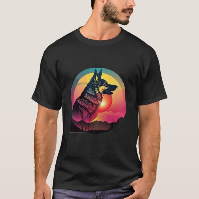 Camiseta Pastor Alemán Synthwave de los 80 con Estética Ret (Anverso)
