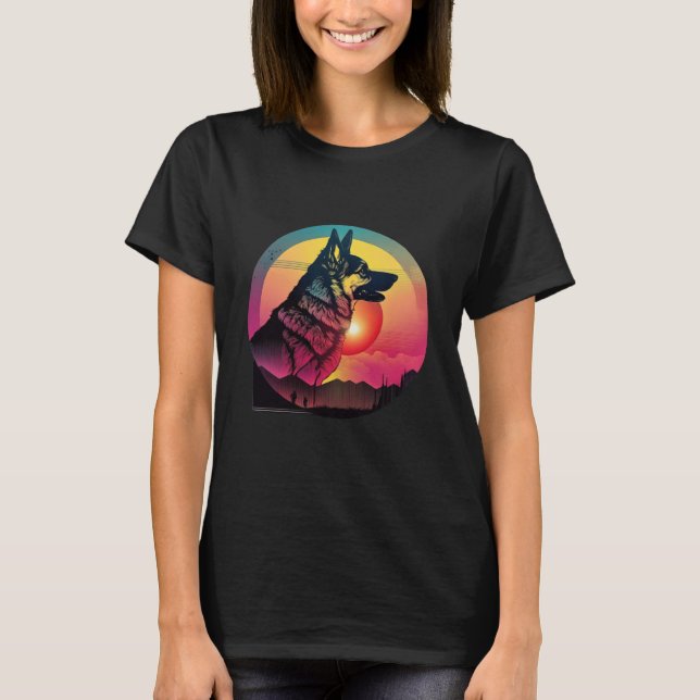 Camiseta Pastor Alemán Synthwave de los 80 con una estética (Anverso)