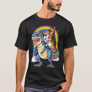 Camiseta Pastor alemán Unicornio montando dinosaurio T Rex 