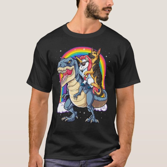 Camiseta Pastor alemán Unicornio montando dinosaurio T Rex  (Anverso)