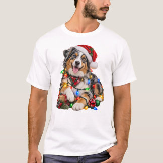 Camiseta Pastor Australiano de Navidad Envuelto en Luces