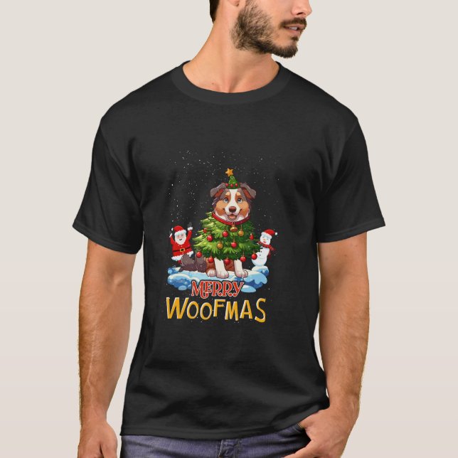 Camiseta Pastor australiano Merry Christmas Tree Lights Do (Anverso)