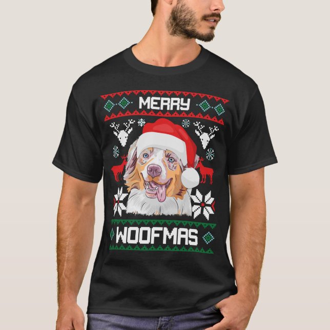 Camiseta Pastor australiano Merry Woofmas Gracioso (Anverso)