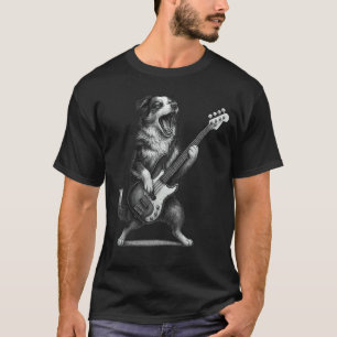 Camiseta Pastor Australiano Tocando Música Rock con Bajo