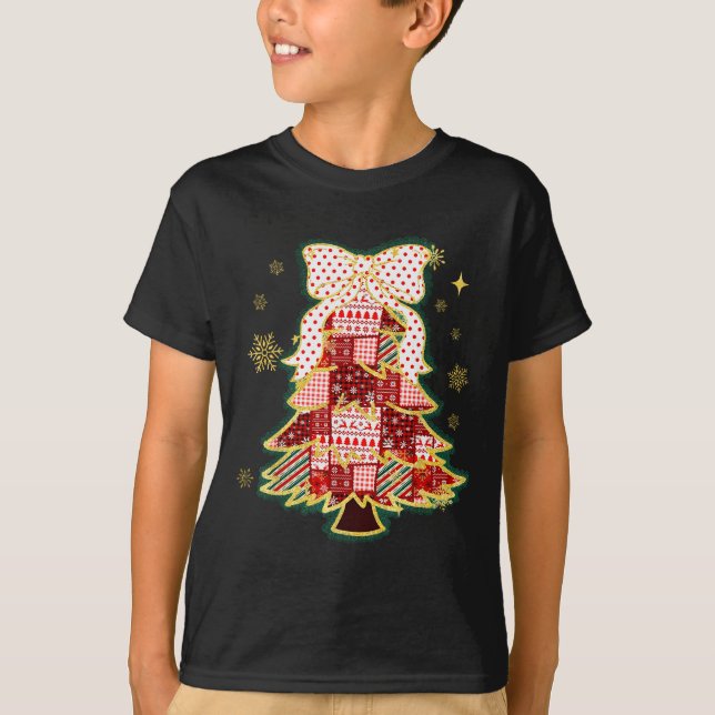 Camiseta Patchwork Christmas Tree Coquette Bow Xmas Holiday (Anverso)