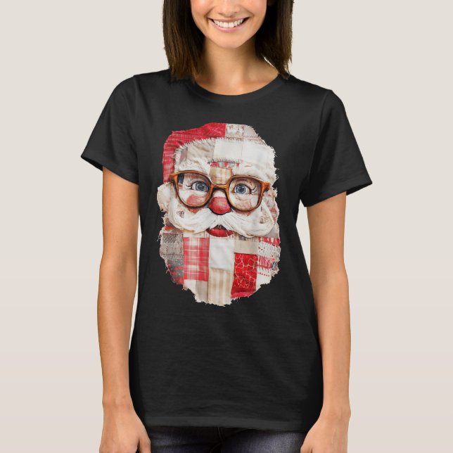 Camiseta Patchwork Santa Claus Face Preppy Girly Christmas  (Anverso)