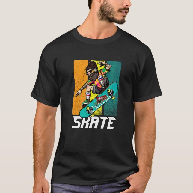 Camiseta Patinador Retro con Barba Hipster Longboard Patina (Anverso)