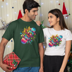 Camiseta Patineta de Navidad con lazo rojo y ramas de pino