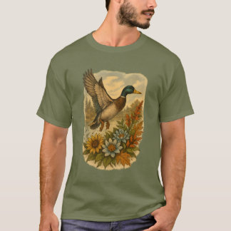 Camiseta Pato Mallard volador con flores silvestres