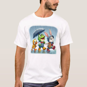 Camiseta Pato, rana, conejo lindos bajo la lluvia