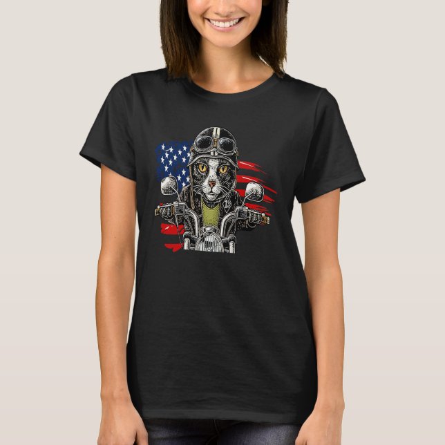 Camiseta Patriot Fluffy Black Cat on Motorcycle with Flag o (Anverso)