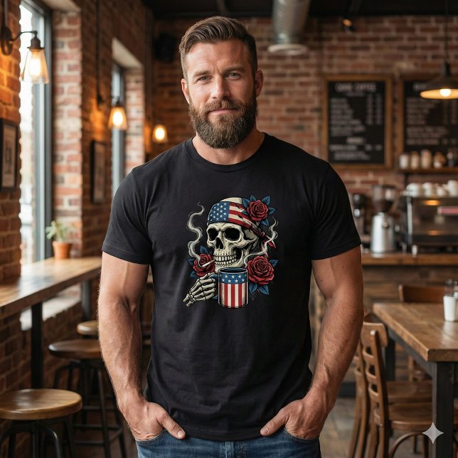 Camiseta Patriotic American Skull Coffee & Roses T-Shirt (Subido por el creador)