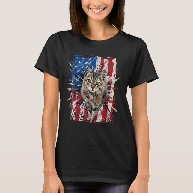Camiseta Patriotic Brown Cat Torn American Flag 4th Of July (Anverso)