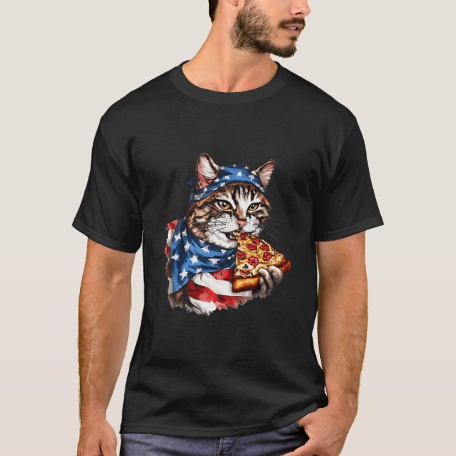 Camiseta Patriotic Cat Eats Pizza 4Th Of July American Flag (Anverso)