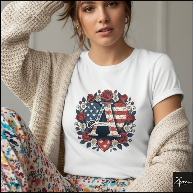 Camiseta Patriotic Floral Letter A Wreath Design (Sample design. Several style are available to choose from, with the option to add a name & color.
)