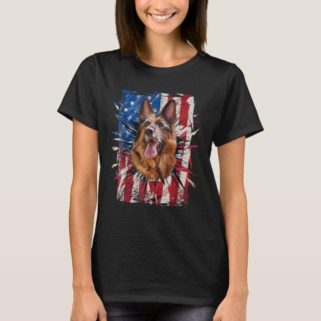 Camiseta Patriotic German Shepherd Torn American Flag 4th O (Anverso)