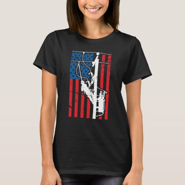 Camiseta Patriotic Lineman Tools Amercia USA Flag Electrici (Anverso)