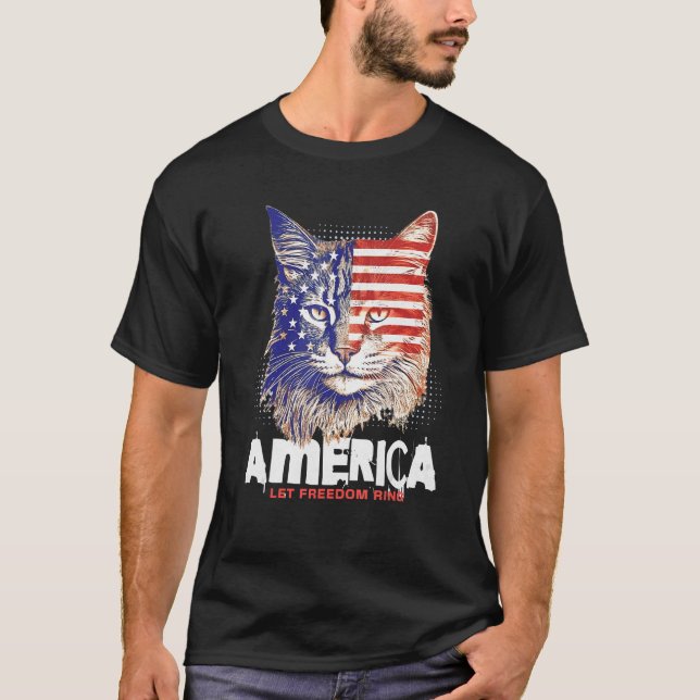 Camiseta Patriotic Maine Coon Face Independence Day Feline  (Anverso)