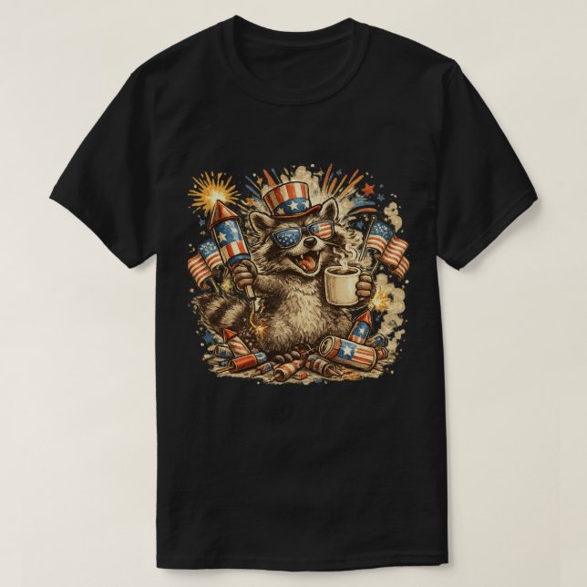 Camiseta Patriótica de Mapache con Fuegos Artifici (Diseño del anverso)