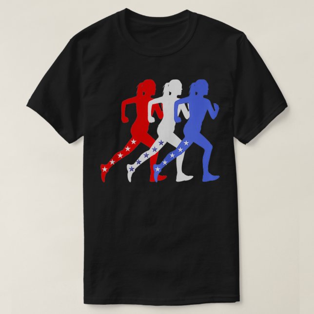 Camiseta Patriótica Estrellas Azules Rojas Corriendo a Muje (Diseño del anverso)