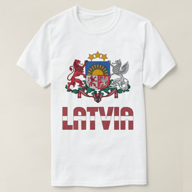 Camiseta Patriótico De La Bandera De Letonia Y El Escudo De (Diseño del anverso)