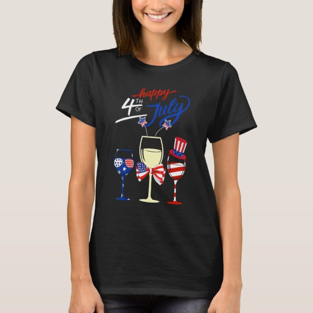 Camiseta Patriótico Del Vino Azul Rojo Glass Feliz 4 De J (Anverso)