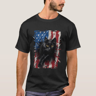 Camiseta Patriótico Gato Negro Desgarrado Bandera Estadouni