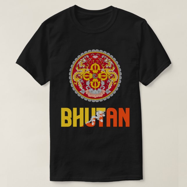 Camiseta Patriotismo de la bandera de Bhután y el escudo de (Diseño del anverso)