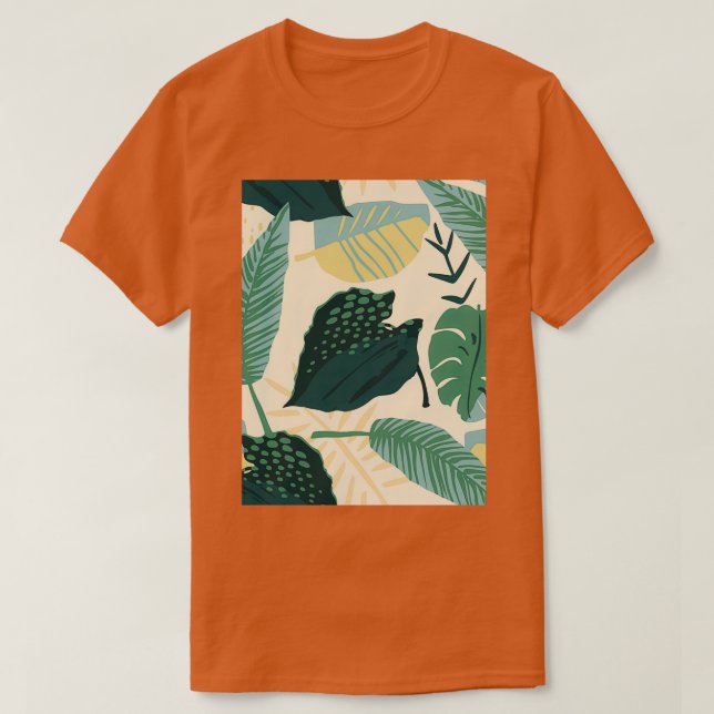 Camiseta Patrón abstracto sin foco con hojas tropicales (Diseño del anverso)