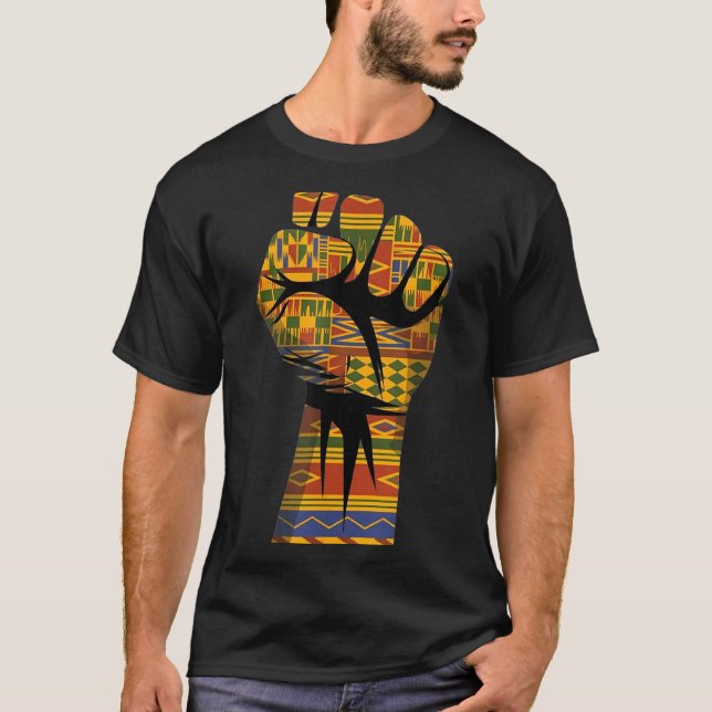 Camiseta patrón africano kente puño en alto poder negro (Anverso)