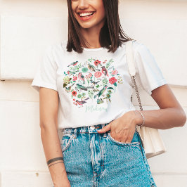 Camiseta Patrón Botánico de Aves Florales Lindas