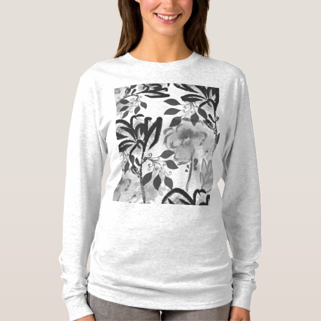 Camiseta Patrón botánico de flores negras y blancas (Anverso)