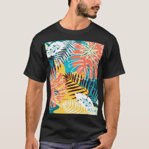 Camiseta Patrón colorido de hojas de selva tropical.