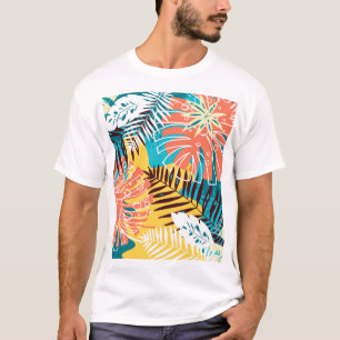 Camiseta Patrón colorido de hojas de selva tropical.