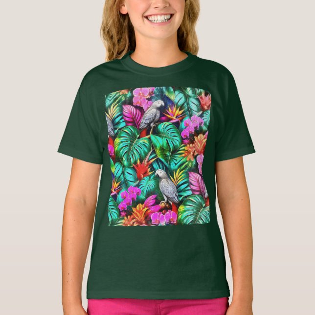 Camiseta Patrón continuo de superficie de selva con loros g (Anverso)