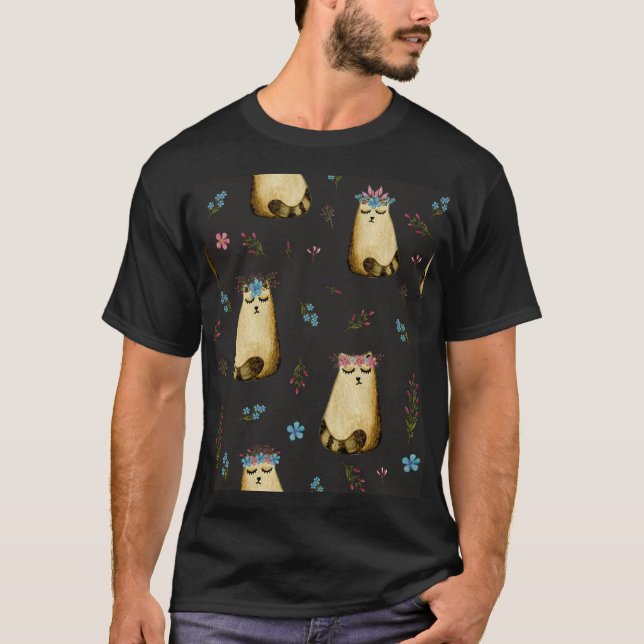 Camiseta Patrón de acuarela de las flores de gatos cúrcules (Anverso)