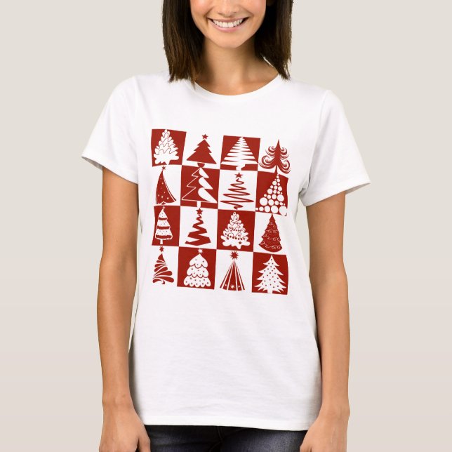 Camiseta Patrón de árbol de navidad rojo moderno (Anverso)